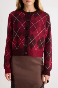 TRENDYOLMİLLA Plum Crew Neck Baklava/Plaid Patterned Crop Knitwear Cardigan - Image 7