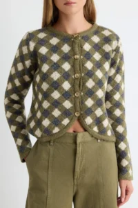 TRENDYOLMİLLA Khaki Baklava/Plaid Patterned Crew Neck Crop Knitwear Cardigan - Image 3