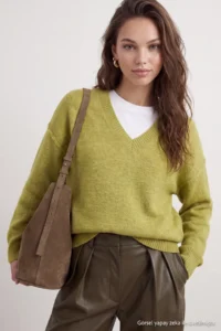 TRENDYOLMİLLA Wardrobe Essentials Oil Green Woolly Premium Thread Basic Wide Pattern Knitwear Sweater | - Image 3