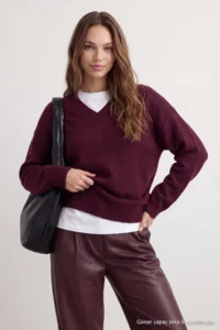 TRENDYOLMİLLA Wardrobe Essentials Burgundy Basic Wide Pattern Soft textured Knitwear Sweater - Image 2