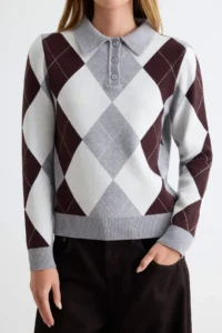 TRENDYOLMİLLA Gray Premium Thread/Special Thread Baklava Patterned Knitwear Sweater - Image 3