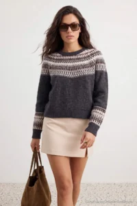 TRENDYOLMİLLA Anthracite Soft textured Ethnic Patterned Knitwear Sweater