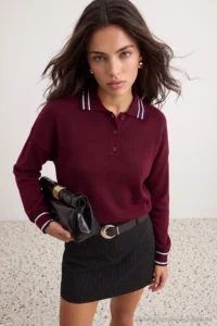 TRENDYOLMİLLA Burgundy Color Bloklu Polo Shirt Collar Knitwear Sweater