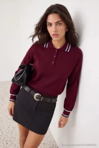 TRENDYOLMİLLA Burgundy Color Bloklu Polo Shirt Collar Knitwear Sweater - Image 2