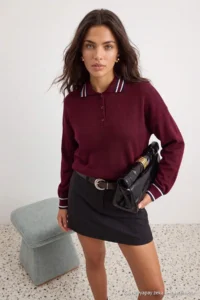 TRENDYOLMİLLA Burgundy Color Bloklu Polo Shirt Collar Knitwear Sweater - Image 3