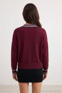 TRENDYOLMİLLA Burgundy Color Bloklu Polo Shirt Collar Knitwear Sweater - Image 5