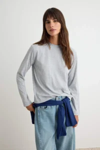 TRENDYOLMİLLA NAVY BLUE-Gray Melange 2 Sets Paket 100% Cotton Regular Long Sleeve High Neck Knitting T-Shirt - Image 2