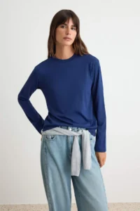 TRENDYOLMİLLA NAVY BLUE-Gray Melange 2 Sets Paket 100% Cotton Regular Long Sleeve High Neck Knitting T-Shirt - Image 5