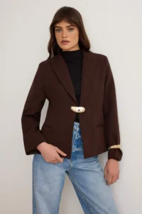 TRENDYOLMİLLA Dark Brown Accessory buttoned Blazer Jacket - Image 3