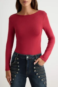 TRENDYOLMİLLA Red Plain Fitted Boat Neck Low-cut back Long Sleeve snaps Knitting Bodysuit .D.00003 - Image 3