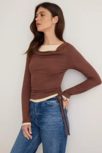 TRENDYOLMİLLA Brown Color Blocked Fitted Off-Shoulder Neck Soft Double Collar Knitting Blouse - Image 2
