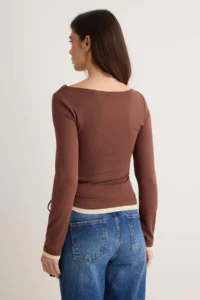 TRENDYOLMİLLA Brown Color Blocked Fitted Off-Shoulder Neck Soft Double Collar Knitting Blouse - Image 4