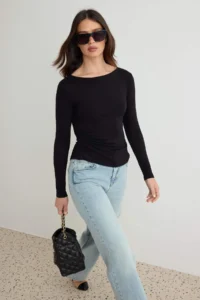 TRENDYOLMİLLA Black Fitted Low-cut back Boat Neck Knitting Soft Blouse - Image 2