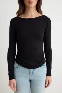 TRENDYOLMİLLA Black Fitted Low-cut back Boat Neck Knitting Soft Blouse - Image 3