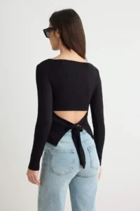 TRENDYOLMİLLA Black Fitted Low-cut back Boat Neck Knitting Soft Blouse - Image 4
