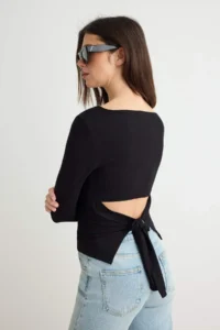 TRENDYOLMİLLA Black Fitted Low-cut back Boat Neck Knitting Soft Blouse - Image 5