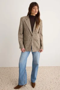 TRENDYOLMİLLA Brown Checkered Weaving Oversized Blazer Jacket