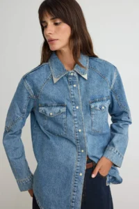 TRENDYOLMİLLA BLUE Collar Detailed Oversized DENIM Shirt Jacket - Image 3