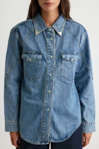 TRENDYOLMİLLA BLUE Collar Detailed Oversized DENIM Shirt Jacket - Image 5