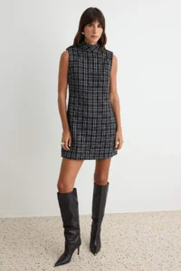 TRENDYOLMİLLA Black Cotton Tweed Plaid High Neck Sleeveless shift/Plain Cut Mini Weaving Dress