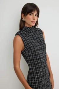 TRENDYOLMİLLA Black Cotton Tweed Plaid High Neck Sleeveless shift/Plain Cut Mini Weaving Dress - Image 2