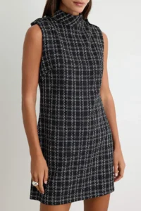TRENDYOLMİLLA Black Cotton Tweed Plaid High Neck Sleeveless shift/Plain Cut Mini Weaving Dress - Image 4