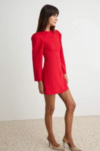 TRENDYOLMİLLA Red Crew Neck LONG Balloon Sleeve A Cut Mini Finike Weaving Dress - Image 2
