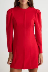 TRENDYOLMİLLA Red Crew Neck LONG Balloon Sleeve A Cut Mini Finike Weaving Dress - Image 3