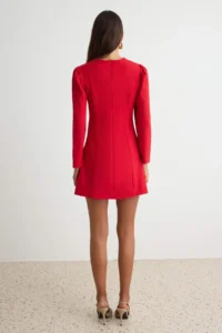 TRENDYOLMİLLA Red Crew Neck LONG Balloon Sleeve A Cut Mini Finike Weaving Dress - Image 4