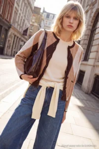 TRENDYOLMİLLA Brown Soft textured Crew Neck Plaid Patterned Knitwear Cardigan - Image 2