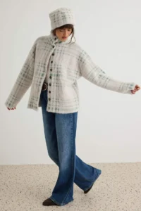 TRENDYOLMİLLA Ecru Coat Look Soft textured Oversized Beret-Cardigan Knitwear - Image 2