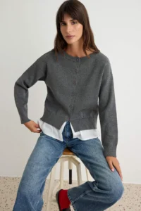 TRENDYOLMİLLA Anthracite Weaving Garnili Boat Neck Knitwear Cardigan - Image 2