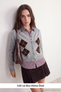 TRENDYOLMİLLA petite Gray Baklava Patterned Knitwear Cardigan Knitwear Cardigan