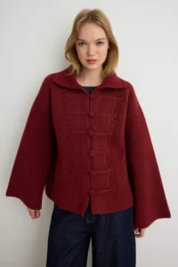 TRENDYOLMİLLA Burgundy Soft textured Polo Shirt Collar Napoleon Detailed Knitwear Cardigan - Image 2