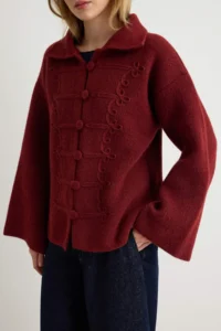 TRENDYOLMİLLA Burgundy Soft textured Polo Shirt Collar Napoleon Detailed Knitwear Cardigan - Image 3