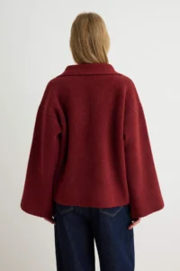 TRENDYOLMİLLA Burgundy Soft textured Polo Shirt Collar Napoleon Detailed Knitwear Cardigan - Image 4
