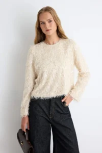 TRENDYOLMİLLA Ecru Crew Neck sequined Lined Knitwear Sweater - Image 2