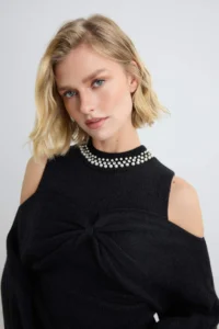 TRENDYOLMİLLA Black Soft textured Special Thread Wide Pattern Knitwear Sweater