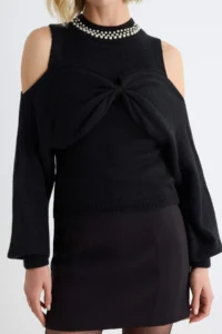 TRENDYOLMİLLA Black Soft textured Special Thread Wide Pattern Knitwear Sweater - Image 3