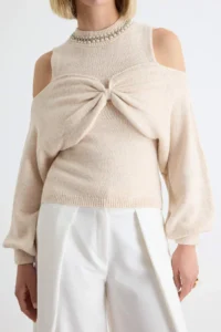 TRENDYOLMİLLA Ecru Soft textured Special Thread Wide Pattern Knitwear Sweater - Image 3