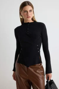 TRENDYOLMİLLA Black Double breasted Button Detailed High Neck Knitwear Sweater