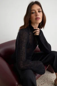 TRENDYOLMİLLA Black Moher Blend Raglan Sleeve High Neck Thin Knitwear Sweater