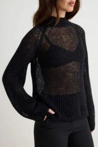 TRENDYOLMİLLA Black Moher Blend Raglan Sleeve High Neck Thin Knitwear Sweater - Image 3