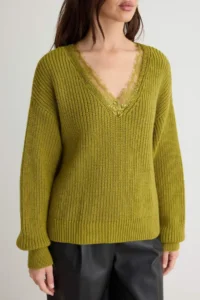TRENDYOLMİLLA Oil Green V-neck Lace Oversized Knitwear Sweater - Image 4