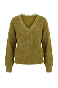 TRENDYOLMİLLA Oil Green V-neck Lace Oversized Knitwear Sweater - Image 6