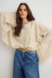 TRENDYOLMİLLA Stone Soft textured Sleeve Tip Tassel Detailed Knitwear Poncho Sweater - Image 2