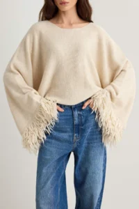 TRENDYOLMİLLA Stone Soft textured Sleeve Tip Tassel Detailed Knitwear Poncho Sweater - Image 3