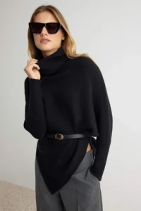 TRENDYOLMİLLA Black Soft textured Arched Knitwear Poncho/Sweater - Image 2
