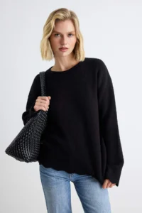 TRENDYOLMİLLA More Sustainable Black Crew Neck Skirt Ucu Detailed Basic Knitwear Sweater - Image 2