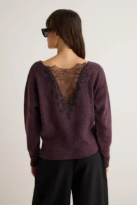 TRENDYOLMİLLA Plum Soft textured Back Lace Detailed Boat Neck Bluzan Knitwear Sweater - Image 4
